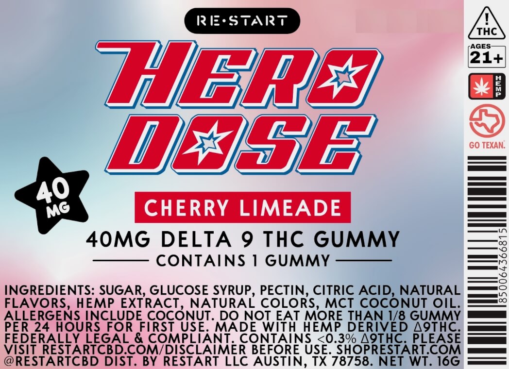 Hero Dose Delta 9 THC 40mg Gummy Cherry Limeade 1-ct - RESTART CBD & THC