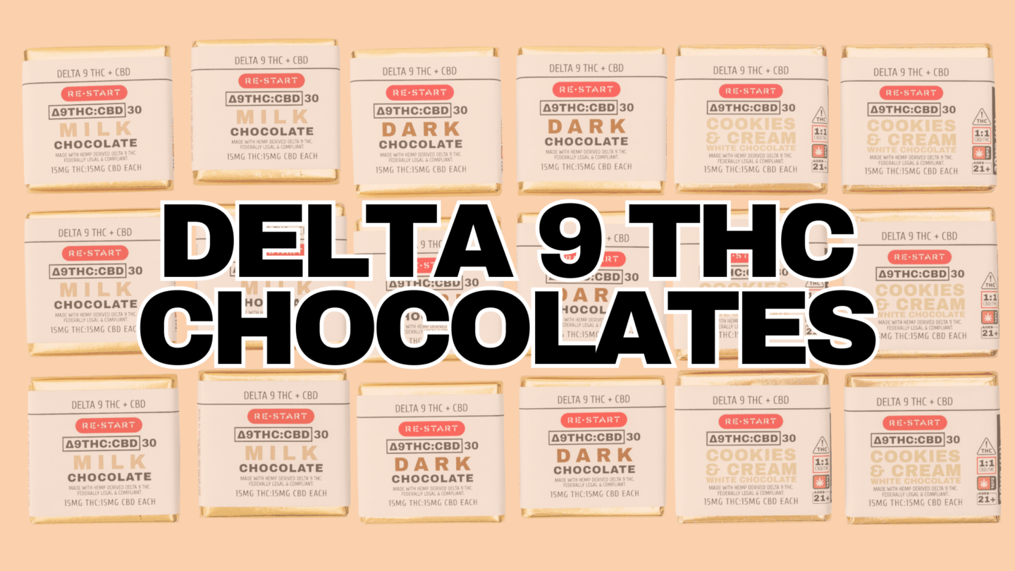 An assortment of RESTART Delta 9 THC chocolates, including milk chocolate, dark chocolate, and cookies & cream varieties, arranged in a grid pattern with bold black text overlay reading "DELTA 9 THC CHOCOLATES" on a peach-colored background.