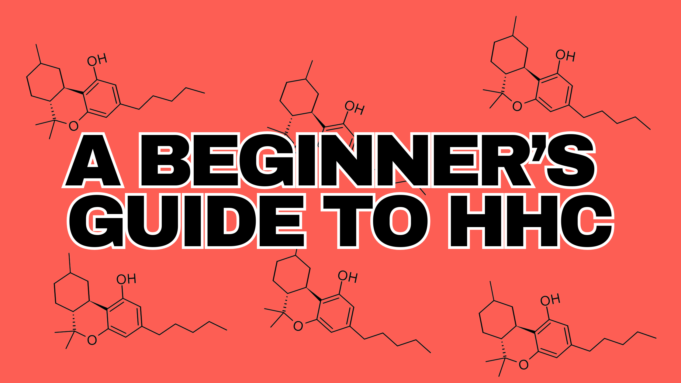 A bold graphic with a red background featuring the text "A Beginner’s Guide to HHC" in large, black and white block letters, accompanied by chemical structures of HHC (hexahydrocannabinol).